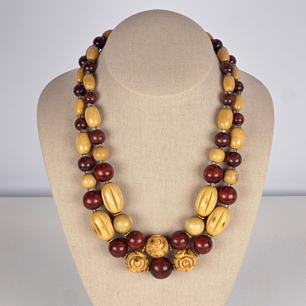 Vintage 60s Floral Carved Wood Bead Necklace Double Strand‎ Brown Boho Box Clasp